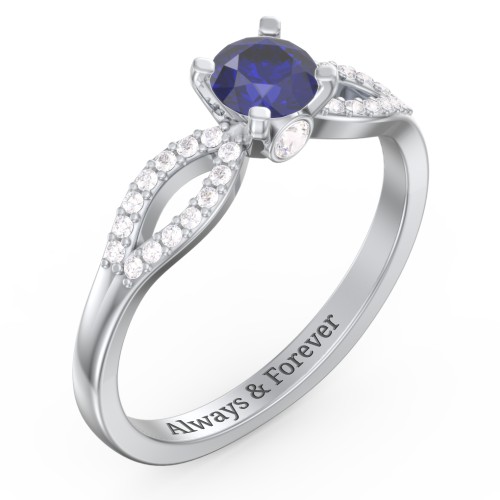 1/2 ct. Round Gemstone Split Peek-A-Boo Engagement Ring with Accents – 10K White Gold with Blue Sapphire, White Premium Zirconia, and Cubic Zirconia