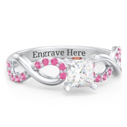 1/2 ct. Princess Gemstone Infinity Peek-A-Boo Engagement Ring with Accent Stones in 925 Sterling Silver with White Premium Zirconia, Red Premium Zirconia, and Garnet