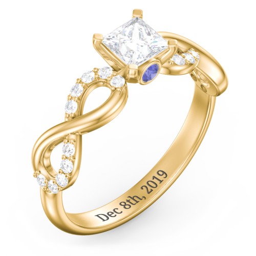 1/2 ct. Princess Gemstone Infinity Peek-A-Boo Engagement Ring with Accent Stones – 10K Yellow Gold with White Premium Zirconia and Blue Sapphire