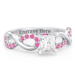 1/2 ct. Princess Gemstone Infinity Peek-A-Boo Engagement Ring with Accent Stones in 925 Sterling Silver with White Premium Zirconia, Red Premium Zirconia, and Ruby