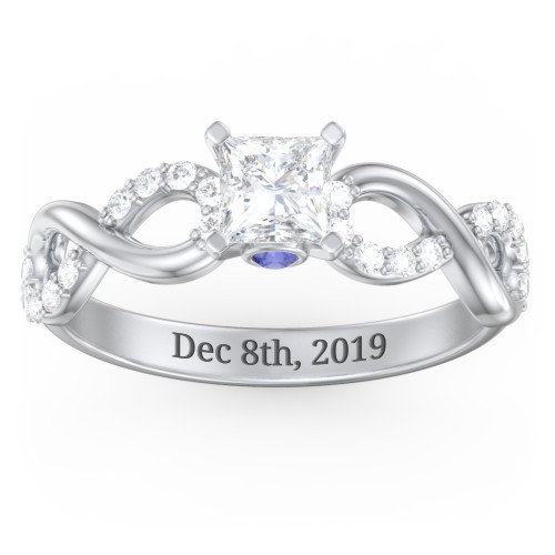 1/2 ct. Princess Gemstone Infinity Peek-A-Boo Engagement Ring with Accent Stones – Sterling Silver with White Premium Zirconia and Blue Sapphire