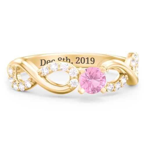 1/4 ct. Round Gemstone Infinity Engagement Ring with Accent Stones – 10K Yellow Gold with Pink Tourmaline and White Premium Zirconia