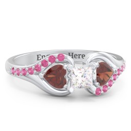1/4 ct. Princess Gemstone Engagement Ring with Heart Stones & Accents Stones in 925 Sterling Silver with White Premium Zirconia, Garnet, and Red Premium Zirconia