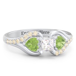 1/4 ct. Princess Gemstone Engagement Ring with Heart Stones & Accents Stones in 925 Sterling Silver with White Premium Zirconia, Peridot, and Fancy Yellow Premium Zirconia