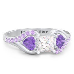 1/2 ct. Princess Gemstone Engagement Ring with Heart Stones & Accents Stones in 925 Sterling Silver