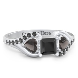 1/2 ct. Princess Gemstone Engagement Ring with Heart Stones & Accents Stones in 925 Sterling Silver with Black Premium Zirconia and Smokey Quartz
