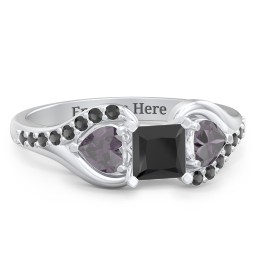 1/2 ct. Princess Gemstone Engagement Ring with Heart Stones & Accents Stones in 925 Sterling Silver with Black Premium Zirconia and Alexandrite