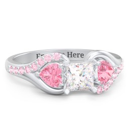 1/2 ct. Princess Gemstone Engagement Ring with Heart Stones & Accents Stones in 925 Sterling Silver with White Premium Zirconia, Pink Tourmaline, and Fancy Pink Premium Zirconia