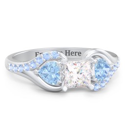 1/2 ct. Princess Gemstone Engagement Ring with Heart Stones & Accents Stones in 925 Sterling Silver with White Premium Zirconia, Blue Topaz, and Fancy Blue Premium Zirconia