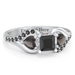 1/2 ct. Princess Gemstone Peek-A-Boo Engagement Ring with Heart Stones & Accents Stones in 925 Sterling Silver with Black Premium Zirconia and Smokey Quartz