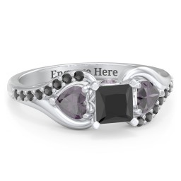 1/2 ct. Princess Gemstone Peek-A-Boo Engagement Ring with Heart Stones & Accents Stones in 925 Sterling Silver with Black Premium Zirconia and Alexandrite