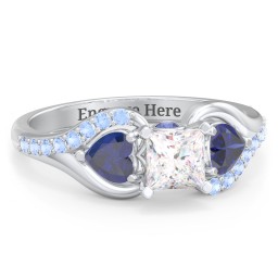 1/2 ct. Princess Gemstone Peek-A-Boo Engagement Ring with Heart Stones & Accents Stones in 925 Sterling Silver with White Premium Zirconia, Blue Sapphire, and Fancy Blue Premium Zirconia