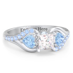 1/2 ct. Princess Gemstone Peek-A-Boo Engagement Ring with Heart Stones & Accents Stones in 925 Sterling Silver with White Premium Zirconia, Blue Topaz, and Fancy Blue Premium Zirconia