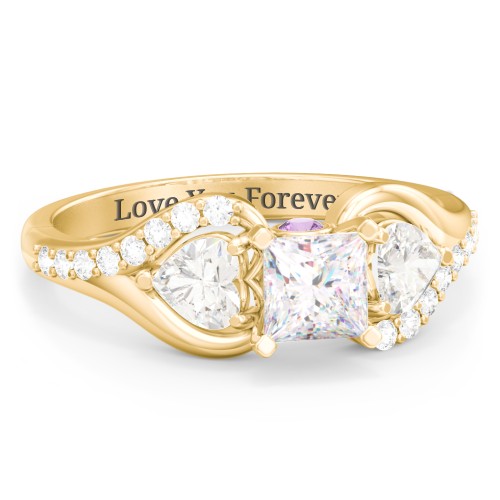 1/2 ct. Princess Gemstone Peek-A-Boo Engagement Ring with Heart Stones & Accents Stones – 10K Yellow Gold with White Premium Zirconia, Cubic Zirconia, and Amethyst