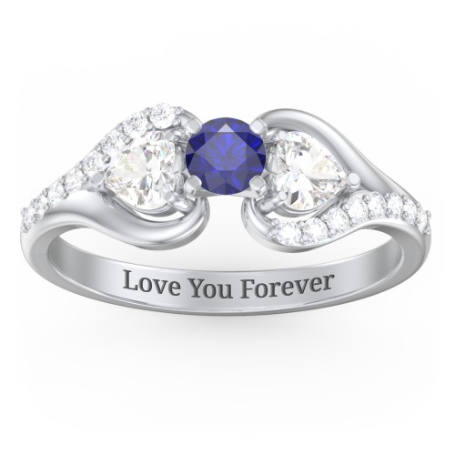 1/4 ct. Round Gemstone Engagement Ring with Heart Stones & Accents Stones – Sterling Silver with Blue Sapphire, Cubic Zirconia, and White Premium Zirconia