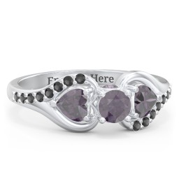 1/4 ct. Round Gemstone Peek-A-Boo Engagement Ring with Heart Stones & Accents Stones in 925 Sterling Silver with Alexandrite and Black Premium Zirconia