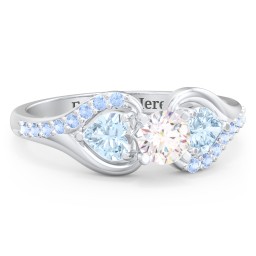 1/3 ct. Round Gemstone Engagement Ring with Heart Stones & Accents Stones in 925 Sterling Silver with White Premium Zirconia, Aquamarine, and Fancy Blue Premium Zirconia