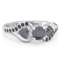 1/2 ct. Round Gemstone Peek-A-Boo Engagement Ring with Heart Stones & Accents Stones in 925 Sterling Silver with Alexandrite and Black Premium Zirconia