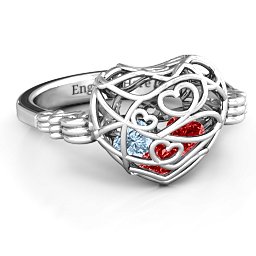 Caged Hearts Ring with 2-6 Stones in 925 Sterling Silver with Garnet, Aquamarine, Citrine, Smokey Quartz, and Pink Tourmaline