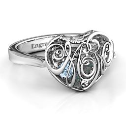 Caged Hearts Ring with 2-6 Stones in 925 Sterling Silver with Alexandrite, Aquamarine, Citrine, Smokey Quartz, and Pink Tourmaline