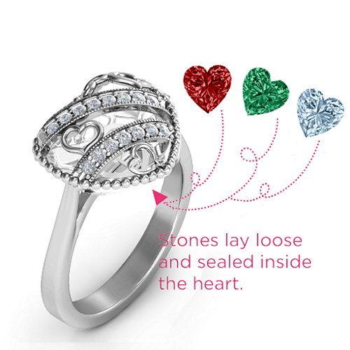 Sparkling Hearts Caged Hearts Ring with Ski Tip Band