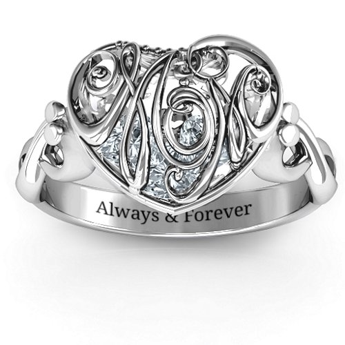 Cursive Mom Caged Hearts Ring with Infinity Band