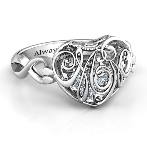 Cursive Mom Caged Hearts Ring with Infinity Band