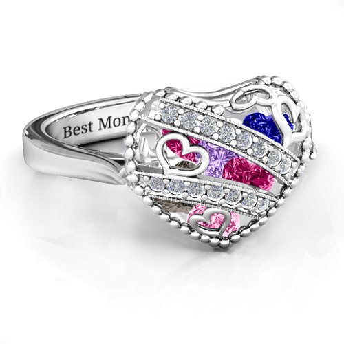 Sparkling Diamond Hearts Caged Hearts Ring with Ski Tip Band
