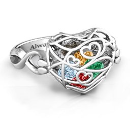 Caged Hearts Ring with 2-6 Stones in 925 Sterling Silver with Garnet, Emerald, Aquamarine, Citrine, Smokey Quartz, and Pink Tourmaline