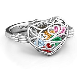 Caged Hearts Ring with 2-6 Stones in 925 Sterling Silver with Garnet, Emerald, Aquamarine, Citrine, Smokey Quartz, and Pink Tourmaline