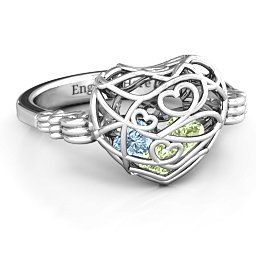 Caged Hearts Ring with 2-6 Stones in 925 Sterling Silver with Peridot, Aquamarine, Citrine, Smokey Quartz, and Pink Tourmaline