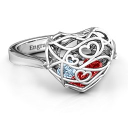 Caged Hearts Ring with 2-6 Stones in 925 Sterling Silver with Garnet, Aquamarine, Citrine, Smokey Quartz, and Pink Tourmaline
