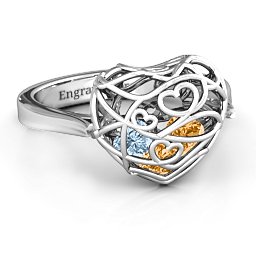 Caged Hearts Ring with 2-6 Stones in 925 Sterling Silver with Citrine, Aquamarine, Smokey Quartz, and Pink Tourmaline
