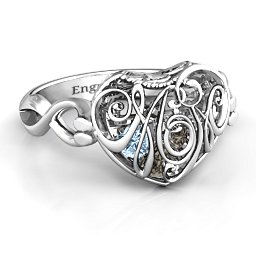 Caged Hearts Ring with 2-6 Stones in 925 Sterling Silver with Smokey Quartz, Aquamarine, Citrine, and Pink Tourmaline