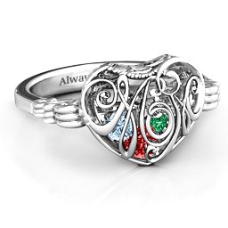 Caged Hearts Ring with 2-6 Stones in 925 Sterling Silver with Garnet, Emerald, Aquamarine, Citrine, Smokey Quartz, and Pink Tourmaline