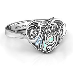 Caged Hearts Ring with 2-6 Stones in 925 Sterling Silver with Opal, Aquamarine, Citrine, Smokey Quartz, and Pink Tourmaline