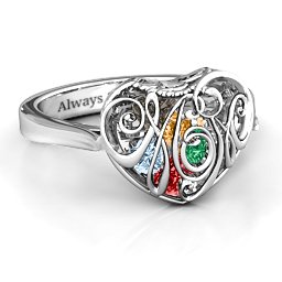 Caged Hearts Ring with 2-6 Stones in 925 Sterling Silver with Garnet, Emerald, Aquamarine, Citrine, Smokey Quartz, and Pink Tourmaline