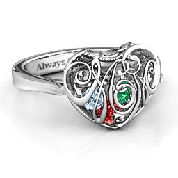 Caged Hearts Ring with 2-6 Stones in 925 Sterling Silver with Garnet, Emerald, Aquamarine, Citrine, Smokey Quartz, and Pink Tourmaline