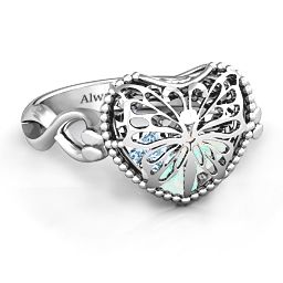 Caged Hearts Ring with 2-6 Stones in 925 Sterling Silver with Opal, Aquamarine, Citrine, Smokey Quartz, and Pink Tourmaline