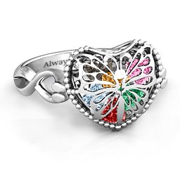 Caged Hearts Ring with 2-6 Stones in 925 Sterling Silver with Garnet, Emerald, Aquamarine, Citrine, Smokey Quartz, and Pink Tourmaline