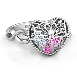 Caged Hearts Ring with 2-6 Stones in 925 Sterling Silver with Pink Tourmaline, Aquamarine, Citrine, and Smokey Quartz