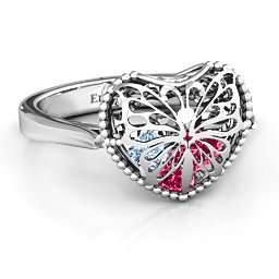 Caged Hearts Ring with 2-6 Stones in 925 Sterling Silver with Ruby, Aquamarine, Citrine, Smokey Quartz, and Pink Tourmaline