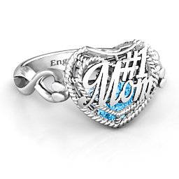 Caged Hearts Ring with 2-6 Stones in 925 Sterling Silver with Blue Topaz, Aquamarine, Citrine, Smokey Quartz, and Pink Tourmaline