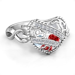 Caged Hearts Ring with 2-6 Stones in 925 Sterling Silver with Garnet, Aquamarine, Citrine, Smokey Quartz, and Pink Tourmaline
