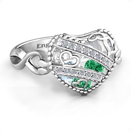 Caged Hearts Ring with 2-6 Stones in 925 Sterling Silver with Emerald, Aquamarine, Citrine, Smokey Quartz, and Pink Tourmaline