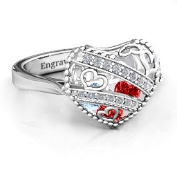 Caged Hearts Ring with 2-6 Stones in 925 Sterling Silver with Garnet, Aquamarine, Citrine, Smokey Quartz, and Pink Tourmaline