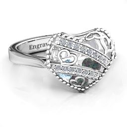Caged Hearts Ring with 2-6 Stones in 925 Sterling Silver with Alexandrite, Aquamarine, Citrine, Smokey Quartz, and Pink Tourmaline
