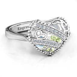 Caged Hearts Ring with 2-6 Stones in 925 Sterling Silver with Peridot, Aquamarine, Citrine, Smokey Quartz, and Pink Tourmaline