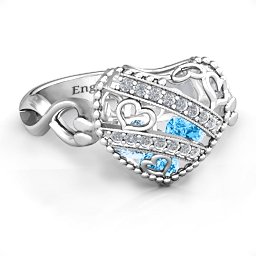Caged Hearts Ring with 2-6 Stones in 925 Sterling Silver with Blue Topaz, Aquamarine, Citrine, Smokey Quartz, and Pink Tourmaline