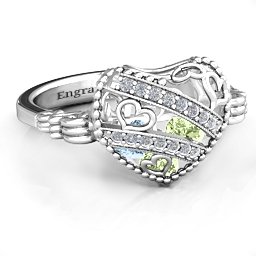 Caged Hearts Ring with 2-6 Stones in 925 Sterling Silver with Peridot, Aquamarine, Citrine, Smokey Quartz, and Pink Tourmaline